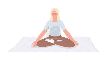 Illustration for Blond young woman meditating on carpet semi flat color vector character. Editable figure. Full body person on white. Simple cartoon style illustration for web graphic design and animation - Royalty Free Image