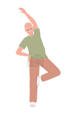 Téléchargez les illustrations : Senior man improving balance with exercise semi flat color vector character. Editable figure. Full body person on white. Simple cartoon style illustration for web graphic design and animation - en licence libre de droit