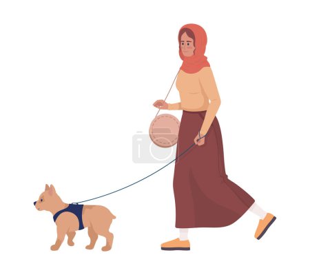 Illustration for Happy young woman walking dog on leash semi flat color vector character. Editable figure. Full body person on white. Simple cartoon style illustration for web graphic design and animation - Royalty Free Image