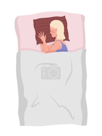 Ilustración de Dormidera lateral femenina acostada en la cama con carácter vectorial de color semi plano. Figura editable. Persona de cuerpo entero en blanco. Ilustración de estilo de dibujos animados simples para el diseño gráfico web y la animación - Imagen libre de derechos