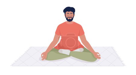 Ilustración de Smiling bearded man meditating on throw rug semi flat color vector character. Editable figure. Full body person on white. Simple cartoon style illustration for web graphic design and animation - Imagen libre de derechos