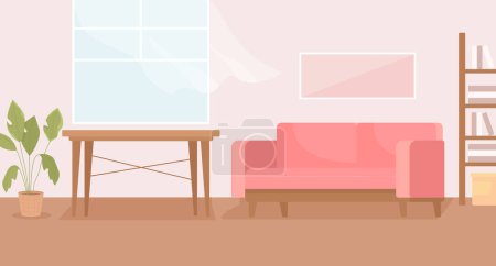 Illustration for Lovely living room with sofa and wooden table flat color vector illustration. Fresh spring air coming through window. Fully editable 2D simple cartoon interior with pink walls on background - Royalty Free Image