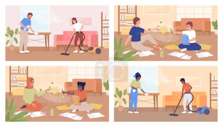 Illustration for Connecting with teens through chores and homework flat color vector illustration set. Studying together. Housework. Fully editable 2D simple cartoon characters pack with living room on background - Royalty Free Image