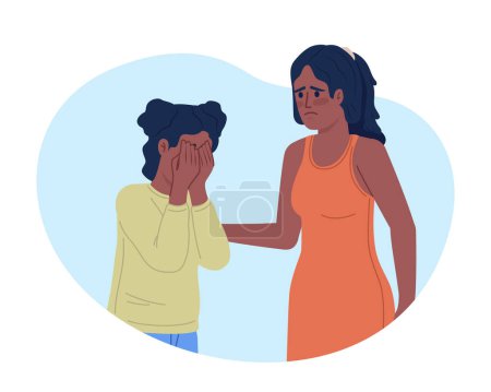 Illustration for Showing understanding to child 2D vector isolated illustration. Mom trying to comfort crying daughter flat characters on cartoon background. Colorful editable scene for mobile, website, presentation - Royalty Free Image
