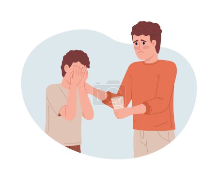 Téléchargez les illustrations : Respecting teenager feelings 2D vector isolated illustration. Father comforting son with glass of water flat characters on cartoon background. Colorful editable scene for mobile, website, presentation - en licence libre de droit