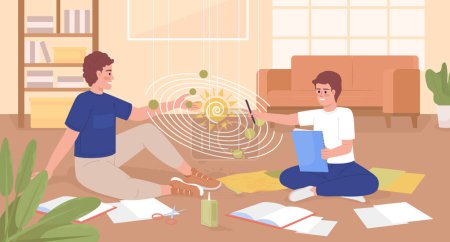 Illustration for Managing homework together flat color vector illustration. Father helping teenage son with school project. Fully editable 2D simple cartoon characters with living room interior on background - Royalty Free Image