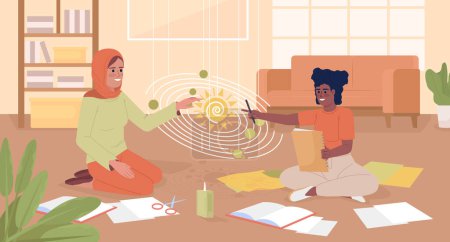 Illustration for Encouraging child to study astronomy flat color vector illustration. Mother helping teenage daughter with homework. Fully editable 2D simple cartoon characters with living room interior on background - Royalty Free Image
