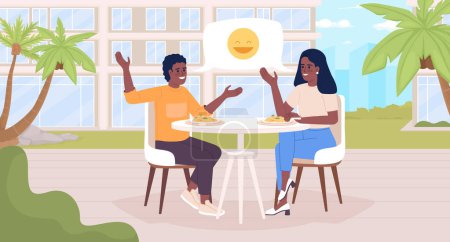 Téléchargez les illustrations : Eating dinner together flat color vector illustration. Bonding time. Mother with son talking and joking over meal. Fully editable 2D simple cartoon characters with cityscape on background - en licence libre de droit