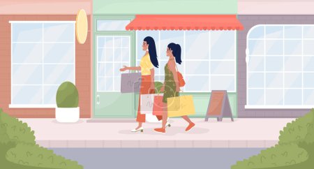 Ilustración de Staying connected with teenager girl flat color vector illustration. Mom and daughter shopping. Fully editable 2D simple cartoon characters with boutiques and fashionable stores exterior on background - Imagen libre de derechos