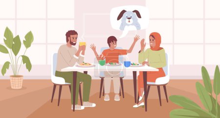 Illustration for Spend time with family flat color vector illustration. Smiling boy persuading parents to adopt pet puppy. Fully editable 2D simple cartoon characters with cozy dining room on background - Royalty Free Image