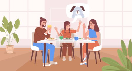 Illustration for Having family dinner and nice conversation flat color vector illustration. Happy girl asking parents to get dog. Fully editable 2D simple cartoon characters with cozy dining room on background - Royalty Free Image