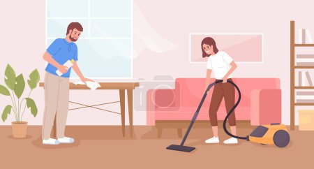 Téléchargez les illustrations : Sharing household responsibilities flat color vector illustration. Father and daughter doing housework together. Fully editable 2D simple cartoon characters with living room interior on background - en licence libre de droit
