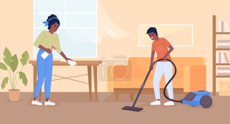 Téléchargez les illustrations : Doing chores together flat color vector illustration. Teenage boy helping around house. Mom and son cleaning home. Fully editable 2D simple cartoon characters with living room interior on background - en licence libre de droit
