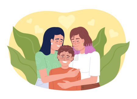 Téléchargez les illustrations : Showing family love to child 2D vector isolated illustration. Mothers embracing smiling son flat characters on cartoon background. Colorful editable scene for mobile, website, presentation - en licence libre de droit