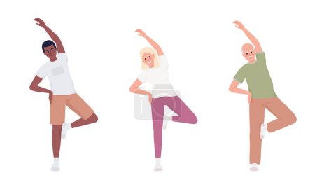 Téléchargez les illustrations : People stretching arms and legs semi flat color vector characters set. Editable figures. Full body men, woman on white. Simple cartoon style illustration pack for web graphic design and animation - en licence libre de droit