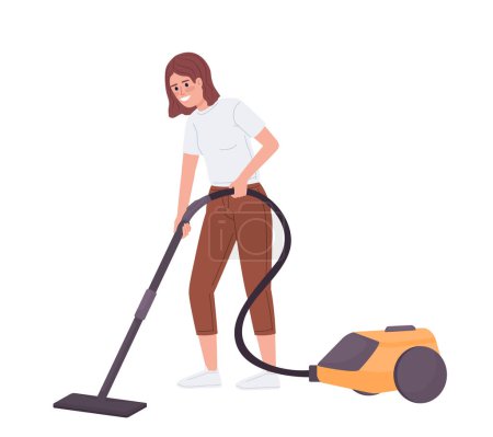 Téléchargez les illustrations : Happy teen girl vacuuming floor semi flat color vector character. Domestic chores. Editable figure. Full body person on white. Simple cartoon style illustration for web graphic design and animation - en licence libre de droit