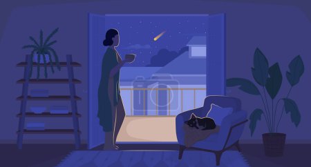 Illustration for Woman admiring view from balcony at cozy night flat concept vector illustration. Flash message with flat 2D character on cartoon background. Colorful editable image for mobile, website UX design - Royalty Free Image