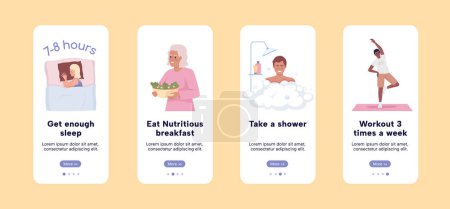 Illustration for Effective morning routine onboarding mobile app screen flat template. Walkthrough website 4 steps with characters. Editable habits UX, UI, GUI smartphone cartoon interfaces. Comfortaa Bold font used - Royalty Free Image