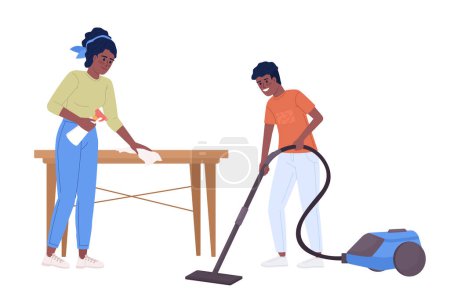 Illustration for Mother and son cleaning house semi flat color vector characters. Domestic chores. Editable figures. Full body people on white. Simple cartoon style illustration for web graphic design and animation - Royalty Free Image