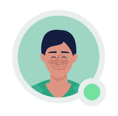 Illustration for Cheerful neat man flat vector avatar icon with green dot. Editable default persona for UX, UI design. Profile character picture with online status indicator. Color messaging app user badge - Royalty Free Image