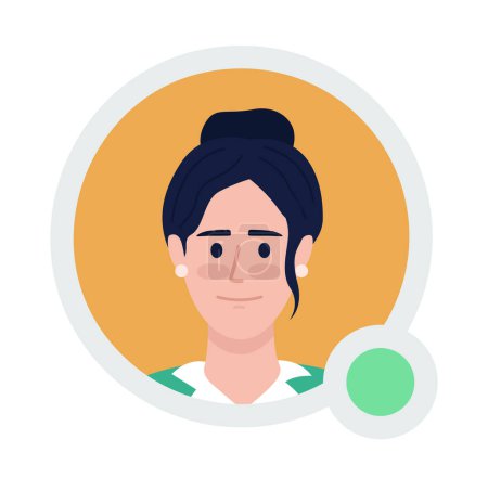 Illustration for Woman with bun hairstyle flat vector avatar icon with green dot. Editable default persona for UX, UI design. Profile character picture with online status indicator. Colorful messaging app user badge - Royalty Free Image