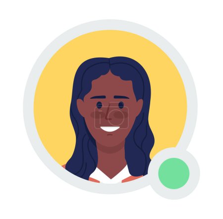 Illustration for Smiling female student flat vector avatar icon with green dot. Editable default persona for UX, UI design. Profile character picture with online status indicator. Colorful messaging app user badge - Royalty Free Image