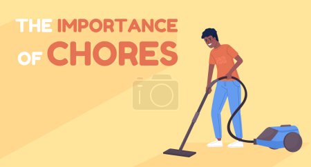 Illustration for Chores importance for teens flat vector banner template. Teenager responsibilities at home poster, leaflet printable color designs. Editable flyer page with text space. Fredoka One font used - Royalty Free Image
