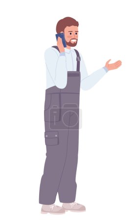 Téléchargez les illustrations : Male troubleshooting technician answering call semi flat color vector character. Editable figure. Full body person on white. Simple cartoon style illustration for web graphic design and animation - en licence libre de droit