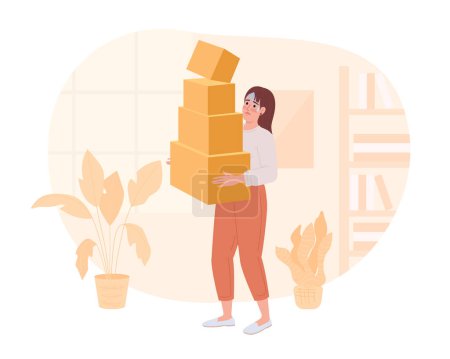 Téléchargez les illustrations : Owning lot of useless stuff 2D vector isolated spot illustration. Young woman holding large boxes pile flat character on cartoon background. Colorful editable scene for mobile, website, magazine - en licence libre de droit