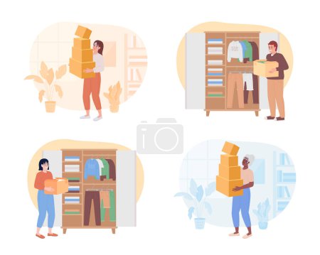 Téléchargez les illustrations : Decluttering clothes in wardrobe 2D vector isolated spot illustration set. People with cardboard boxes flat characters on cartoon background. Colorful editable scene pack for mobile, website, magazine - en licence libre de droit