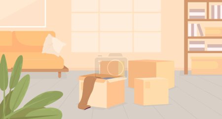 Téléchargez les illustrations : Cluttered living room with cardboard boxes flat color vector illustration. Organizing belongings. Messy apartment before moving. Fully editable 2D simple cartoon interior with furniture on background - en licence libre de droit