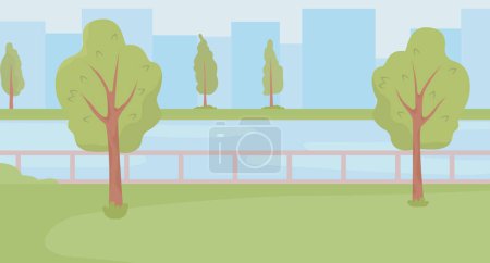 Ilustración de Urban green space with trees and river flat color vector illustration. Walking near water. National park with waterfront. Fully editable 2D simple cartoon landscape with skyscrapers on background - Imagen libre de derechos