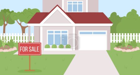 Illustration for Suburban house for sale flat color vector illustration. Selling new real estate. Two story home with garage and garden on backyard. Editable 2D simple cartoon landscape. Bebas Neue Regular font used - Royalty Free Image