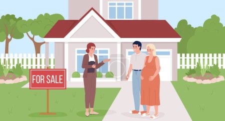 Illustration for Real estate agent showing home to pregnant couple flat color vector illustration. Hero image. Fully editable 2D simple cartoon characters with landscape on background. Bebas Neue Regular font used - Royalty Free Image
