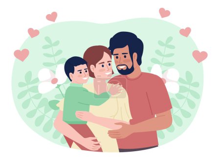 Illustration for Happy young family flat concept vector spot illustration. Editable 2D cartoon characters on white for web design. Parents with toddler hugging creative idea for website, mobile, magazine - Royalty Free Image