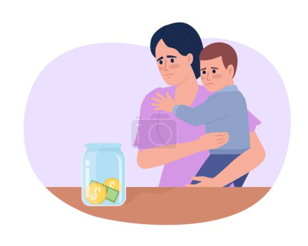 Illustration for Single mom financial struggles flat concept vector spot illustration. Editable 2D cartoon characters on white for web design. Anxious woman with toddler creative idea for website, mobile, magazine - Royalty Free Image