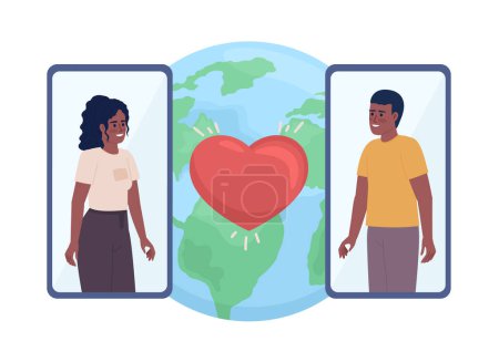 Illustration for Long-distance relationship flat concept vector spot illustration. Editable 2D cartoon characters on white for web design. People finding love on dating app creative idea for website, mobile, magazine - Royalty Free Image