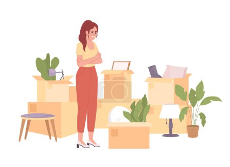 Téléchargez les illustrations : Excited woman preparing belongings for moving semi flat color vector character. Editable figure. Full body person on white. Simple cartoon style spot illustration for web graphic design and animation - en licence libre de droit