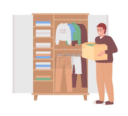 Illustration for Man with box near open bedroom closet semi flat color vector character. Editable figure. Full body person on white. Simple cartoon style spot illustration for web graphic design and animation - Royalty Free Image
