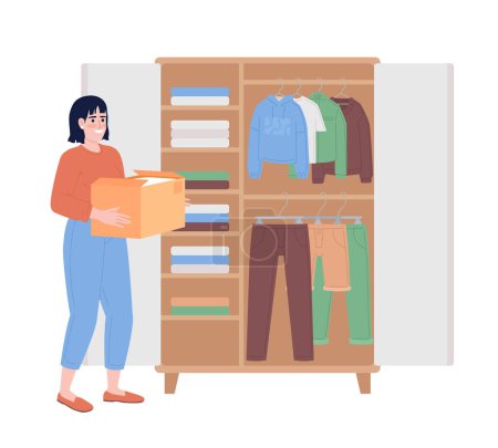 Téléchargez les illustrations : Woman with cardboard box near open wardrobe semi flat color vector character. Editable figure. Full body person on white. Simple cartoon style spot illustration for web graphic design and animation - en licence libre de droit