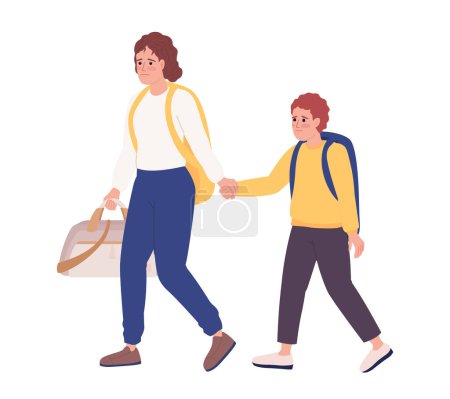Téléchargez les illustrations : Mother and son with luggage leaving in hurry semi flat color vector characters. Editable figures. Full body people on white. Simple cartoon style spot illustration for web graphic design and animation - en licence libre de droit