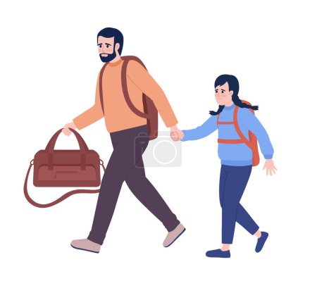 Téléchargez les illustrations : Father and daughter refugees with belongings semi flat color vector characters. Editable figures. Full body people on white. Simple cartoon style spot illustration for web graphic design and animation - en licence libre de droit