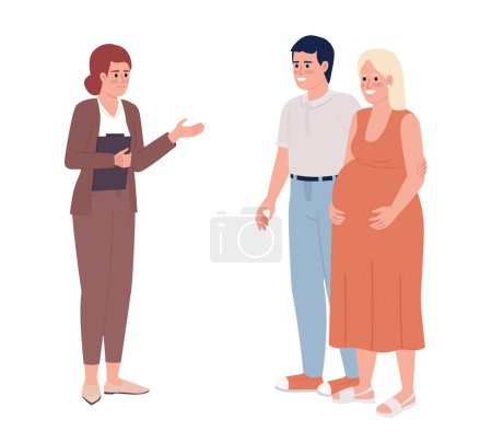 Téléchargez les illustrations : Real estate agent with pregnant couple semi flat color vector characters. Editable figures. Full body people on white. Simple cartoon style spot illustration for web graphic design and animation - en licence libre de droit