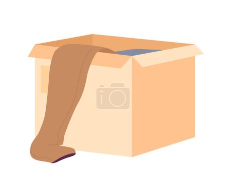 Téléchargez les illustrations : Open cardboard box with old unwanted clothes semi flat color vector object. Editable icon. Full sized item on white. Simple cartoon style spot illustration for web graphic design and animation - en licence libre de droit