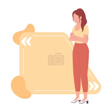 Illustration for Pensive woman standing with crossed arms quote textbox with flat character. Anxious body language. Speech bubble with editable cartoon illustration. Creative quotation isolated on white background - Royalty Free Image