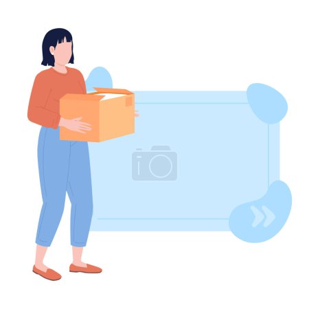 Téléchargez les illustrations : Woman holding cardboard box with unwanted stuff quote textbox with flat character. Donate to charity. Speech bubble with editable cartoon illustration. Creative quotation isolated on white background - en licence libre de droit