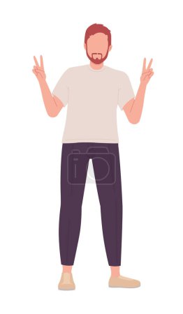 Téléchargez les illustrations : Bearded man posing with peace sign semi flat color vector character. Editable figure. Full body person on white. Simple cartoon style spot illustration for web graphic design and animation - en licence libre de droit