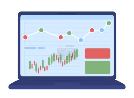 Ilustración de Laptop screen with stock charts semi flat color vector object. Trading platform. Editable element. Full sized icon on white. Simple cartoon style spot illustration for web graphic design and animation - Imagen libre de derechos