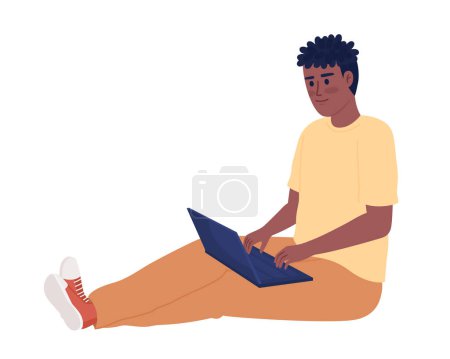 Illustration for Smiling guy holding laptop on legs semi flat color vector character. Editable figure. Full body person on white. Simple cartoon style spot illustration for web graphic design and animation - Royalty Free Image