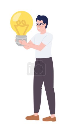 Téléchargez les illustrations : Smiling guy holding big light bulb semi flat color vector character. Startup. Editable concept. Full body person on white. Simple cartoon style spot illustration for web graphic design and animation - en licence libre de droit